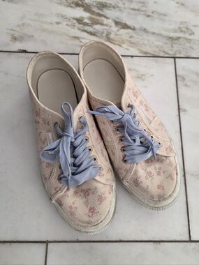 Loveshackfancy X Superga Pink Floral Sneakers Blue Ribbon Laces 8.5 39.5
